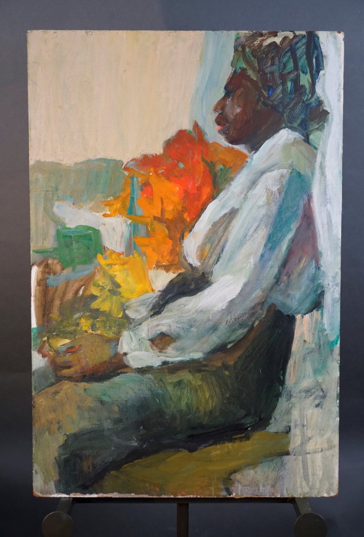 Unknown Artist BLACK WOMAN WITH FLOWERS Impressionist Oil Masonite Painting (1 of 6)