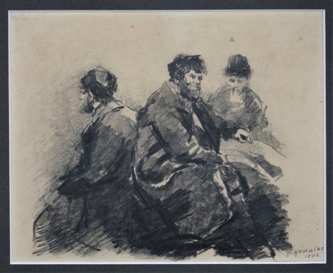 1906 Russian Graphite Drawing THREE SEATED MEN Artist Signed and Dated (1 of 4)