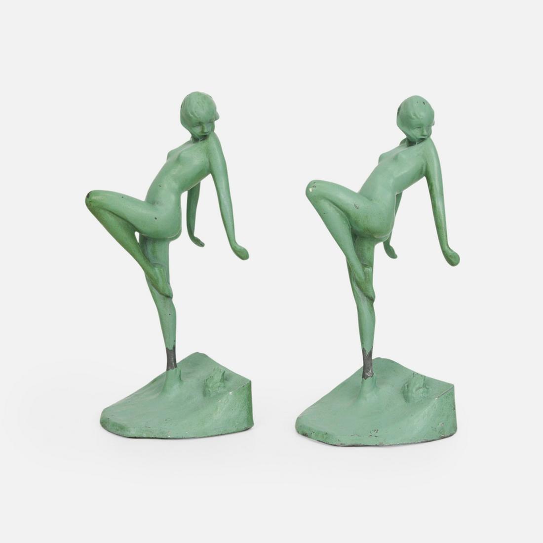 Original 1920s Frankart Art Deco Figural Metal Nude Woman Bookends: Ca. 1920s. Very good with no breaks or repairs. Paint loss at ankle as shown. These are art deco metal figural nude woman bookends signed Frankart. Dated 1922. These are original, not Nu-Art copies.