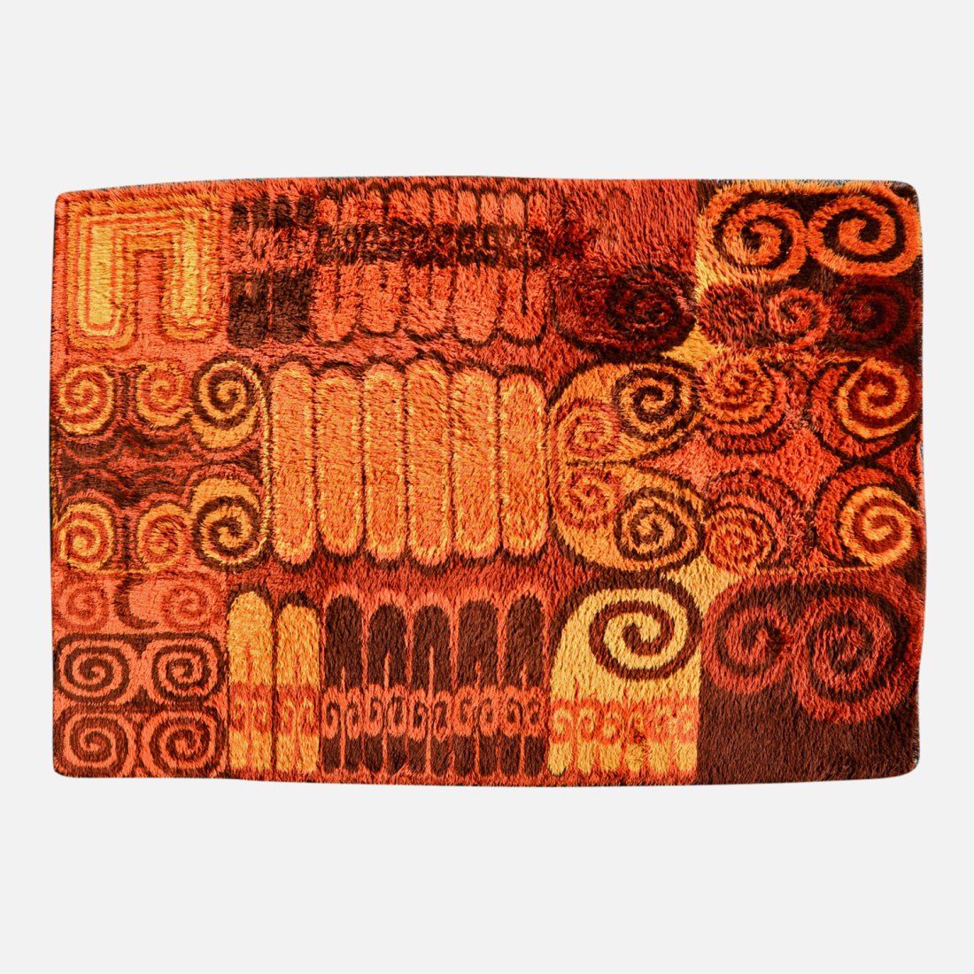 Rya Rug by Ege Taepper Denmark MCM Danish Modern Red Orange Brown 9' 10" X 6' 6": Ca. first half 20th. Very good with no stains, rips, or repairs. Great mid-century design. Orange was Frank Sinatra's favorite color.