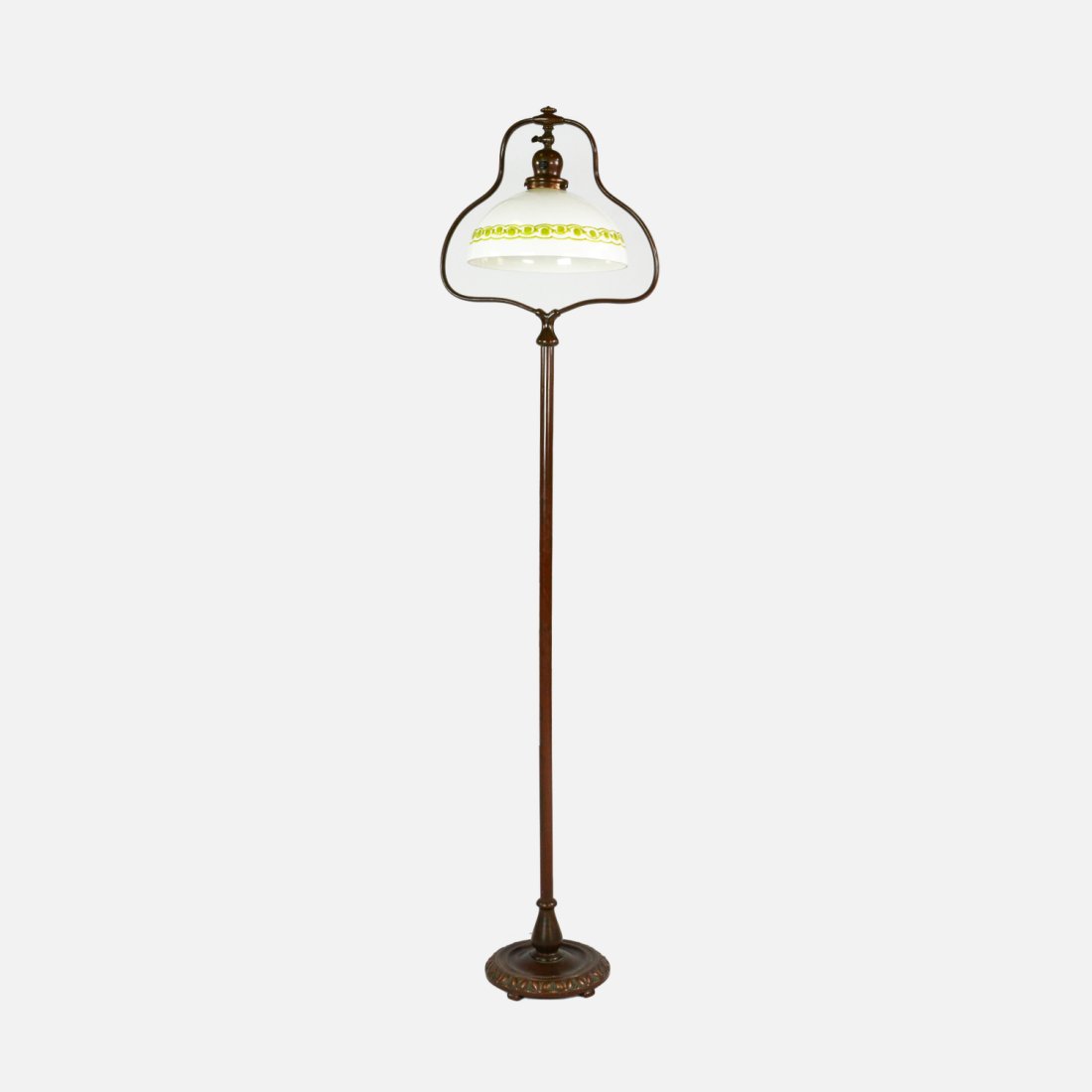 Handel Bronze Harp Floor Lamp With Original Vine Shade: Ca. first quarter 20thC. Excellent with no breaks or repairs. This lamp includes an original Handel shade (one unseen flake to top fitter rim). The shade is numbered.