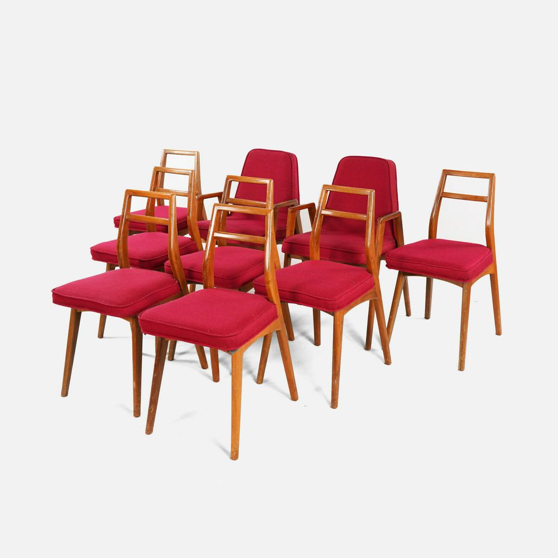 Ten Vintage MCM Adnet Style Hairpin Dining and Armchair Lot Mid Century Modern: Ca. mid 20thC. Age-appropriate wear with no breaks or repairs. Note one chair is missing from group photos but is included. Seat H: 19" W: 17 3/4" D 14: 3/4". Two armchairs and eight dining chairs.