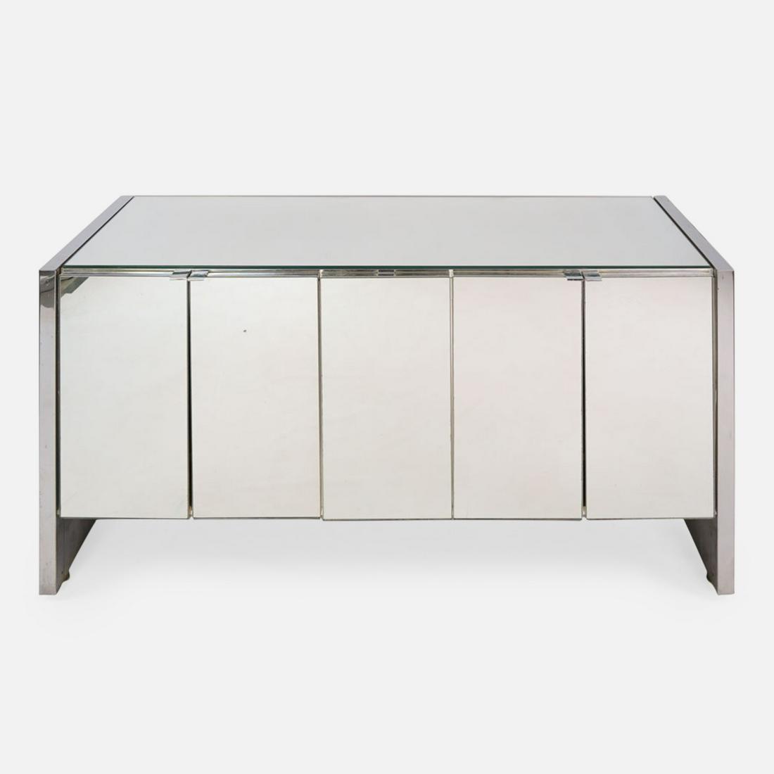 Ello Contemporary 1970s Modern Chrome and Mirror Credenza Sideboard: Ca. last half 20thC. Overall very good with no chips or cracks throughout.