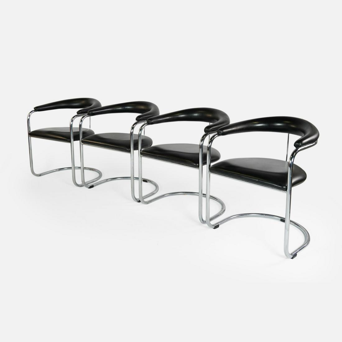 Anton Lorenz for Thonet Four Black and Chrome MCM Dining Chairs: Ca. last half 20thC. Excellent as shown. Four armchairs designed by Anton Lorenz for Thonet. Leather upholstery, chrome tubular frames, cantilevered chrome base. Seat H: 18 1/2" W: 20" D: 17 1/2"