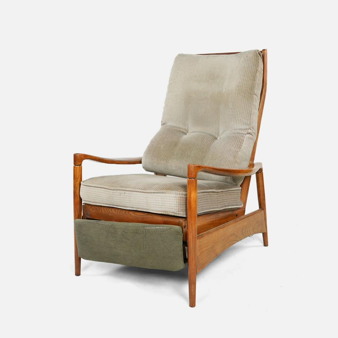 Mid Century Modern Upholstered Teak Reclining Armchair MCM: Ca. mid 20thC. The pull out footrest needs mechanical adjustment. Seat measurements approx: 17" x 23" x 22 1/4".