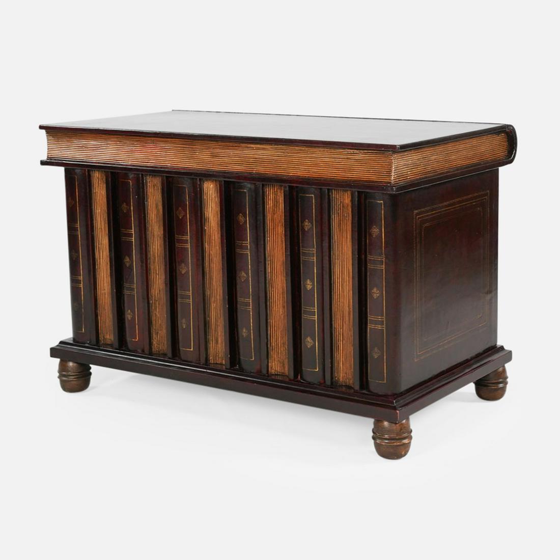 Maitland Smith Tooled Leather Library Book Form Chest Side Table: Ca. last half 20thC. Excellent condition throughout. Maitland Smith leather book form chest with a lift-top that could be used as a side table.