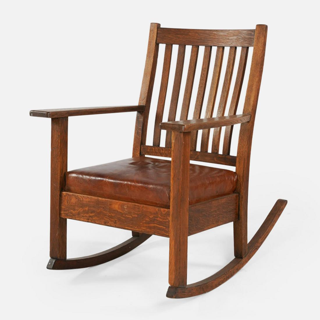 Antique Mission Oak Upholstered Rocking Chair: Ca. first quarter 20thc. Very good original patina and condition, no breaks or repairs. Seat H: 16" W: 18 1/2" D: 16"