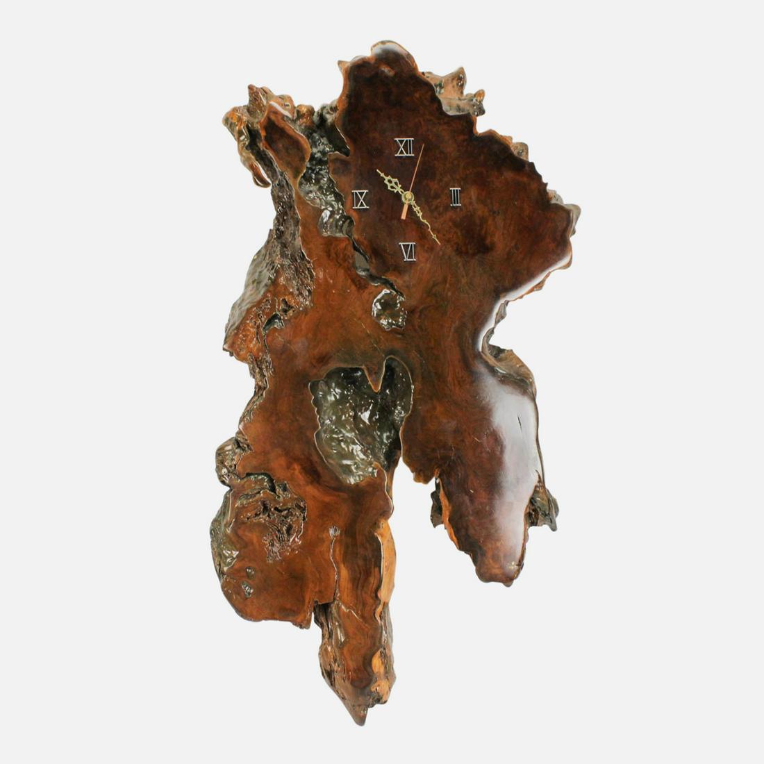 Large Slab Live Edge Wall Clock: "Anderson Fairfax, Virginia" signed on the back. Large and masculine wood slab clock with numerals and brass hands. Battery operated and untested.