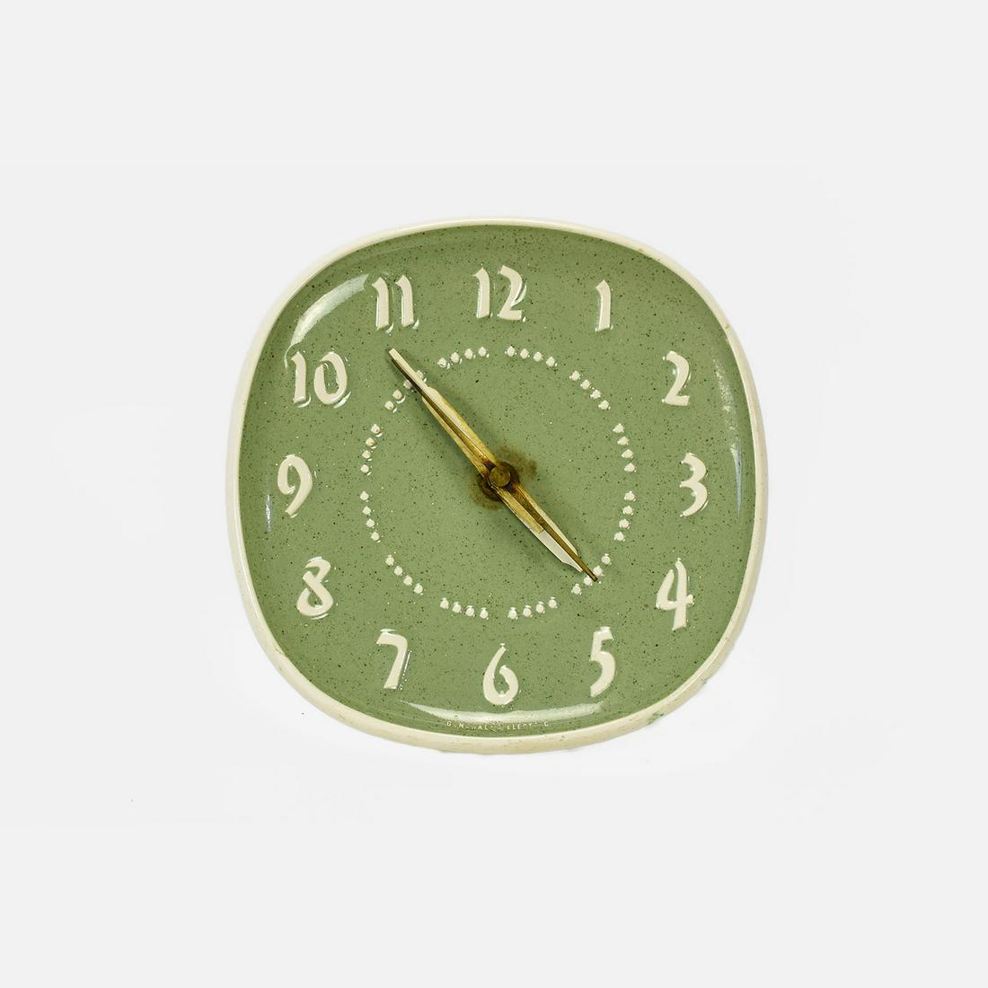 Meadow Green Harker Ceramic Clock Designed By Russel Wright for General Electric MCM: Harker Potter for General Electric. Produced for only a very short time. Ceramic good with no chips, cracks or repairs. Movement works, however should be oiled, and possibly the original cord and plug