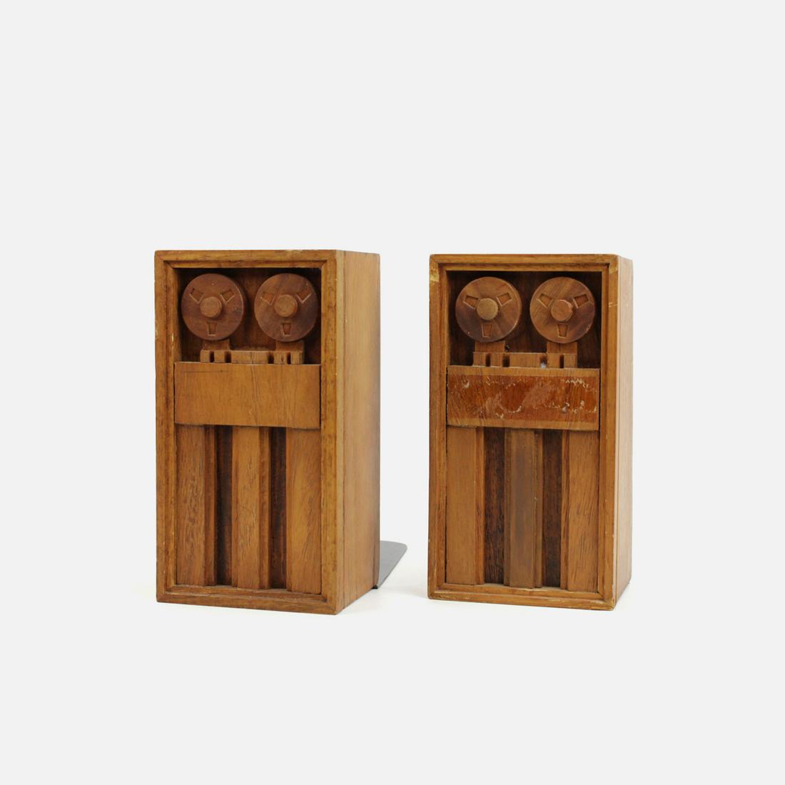 Handmade Wood Reel to Reel Bookends MCM: Pair of Mid-Century Modern reel to reel designed bookends.