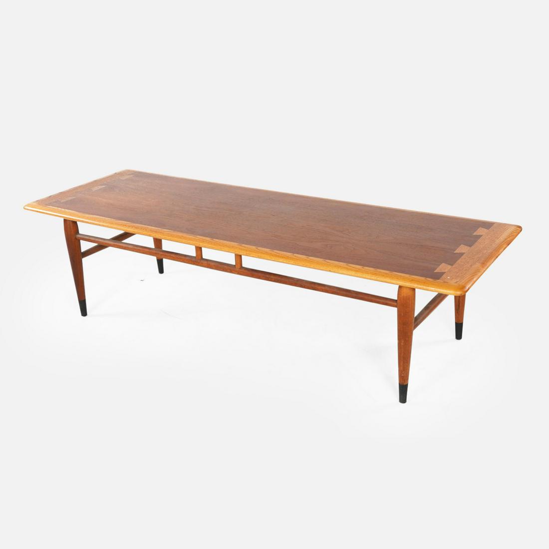 Lane Acclaim Mid Century Modern Walnut Coffee Table MCM: Ca. last half 20thC. Very good with light age appropriate surface wear. Coffee or cocktail table designed by Andre Bus for Lane Furniture. Walnut with puzzle-shaped edges.