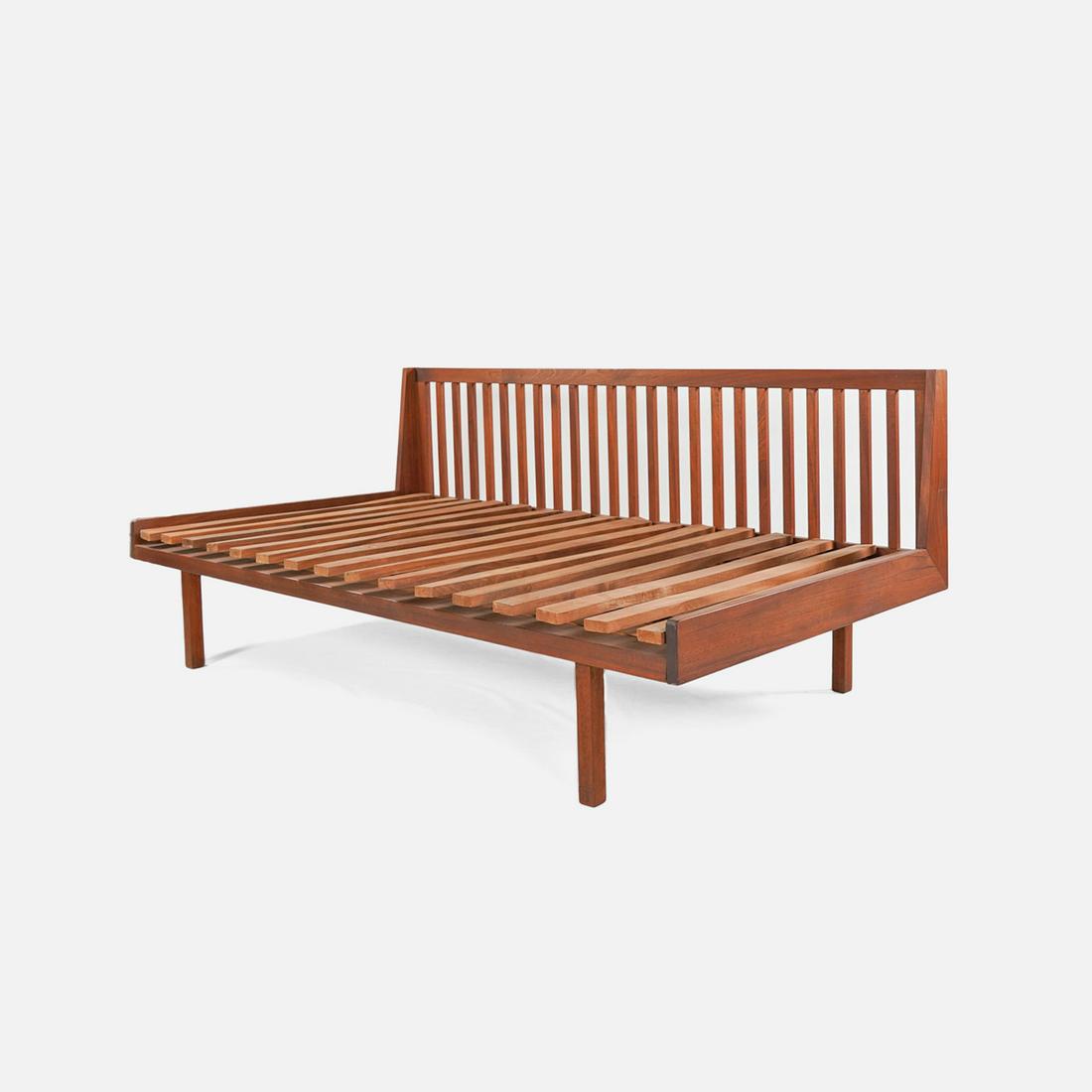 Scarce Lane Mid Century Modern Teak Day Bed MCM: Ca. second half 20thC. Excellent with no breaks or repairs. Needs cushions, as this lot includes only the frame. Takes a single size mattress and pillows on the back.