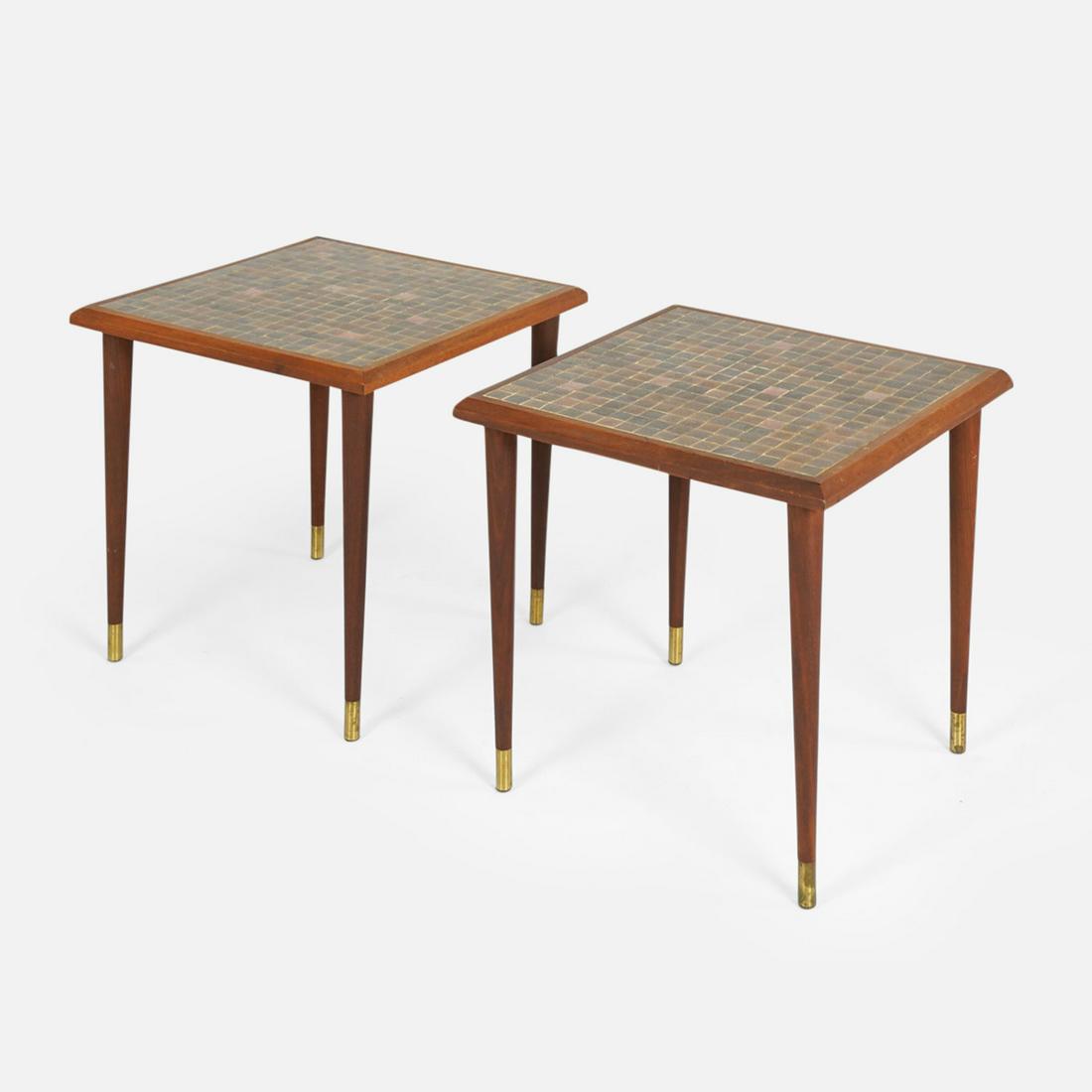 Pair Mid Century Modern Walnut and Tile Top Side Tables MCM: A nice pair of Mid-Century Modern walnut and tile side tables.