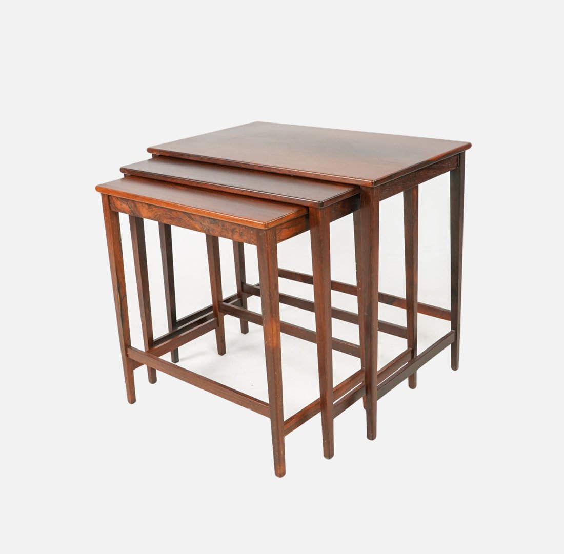 Rosewood Danish Modern Nesting Tables MCM: Ca. mid 20thC. Age-appropriate wear from use.