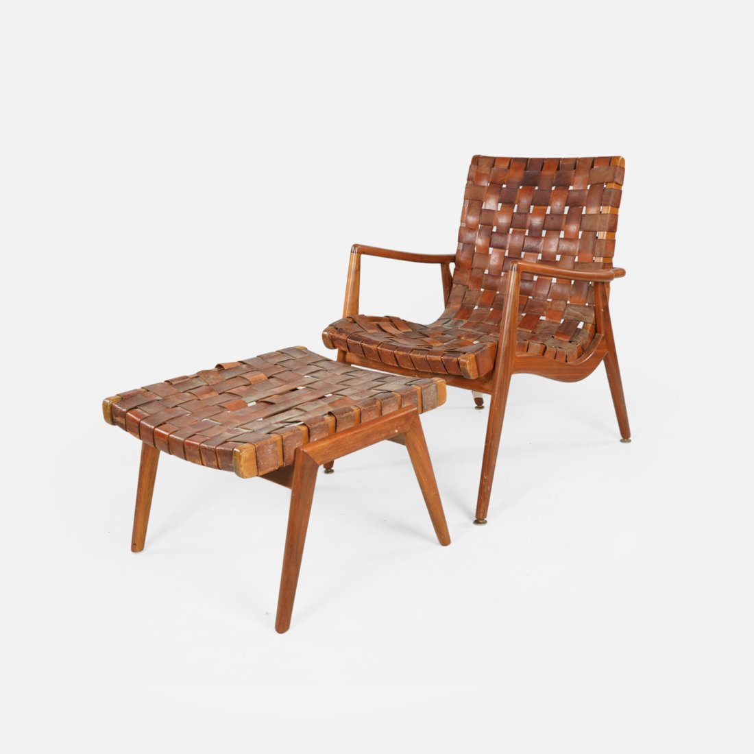 Mel Smilow Woven Leather Lounge Chair and Ottoman Mid Century Modern MCM: Ca. mid 20thC. Woven leather lounge chair and ottoman designed by Mel Smilow. Ottoman: H: 16" W: 22 1/2" D: 22" Seat size H: 17" W: 22" x D: 20".