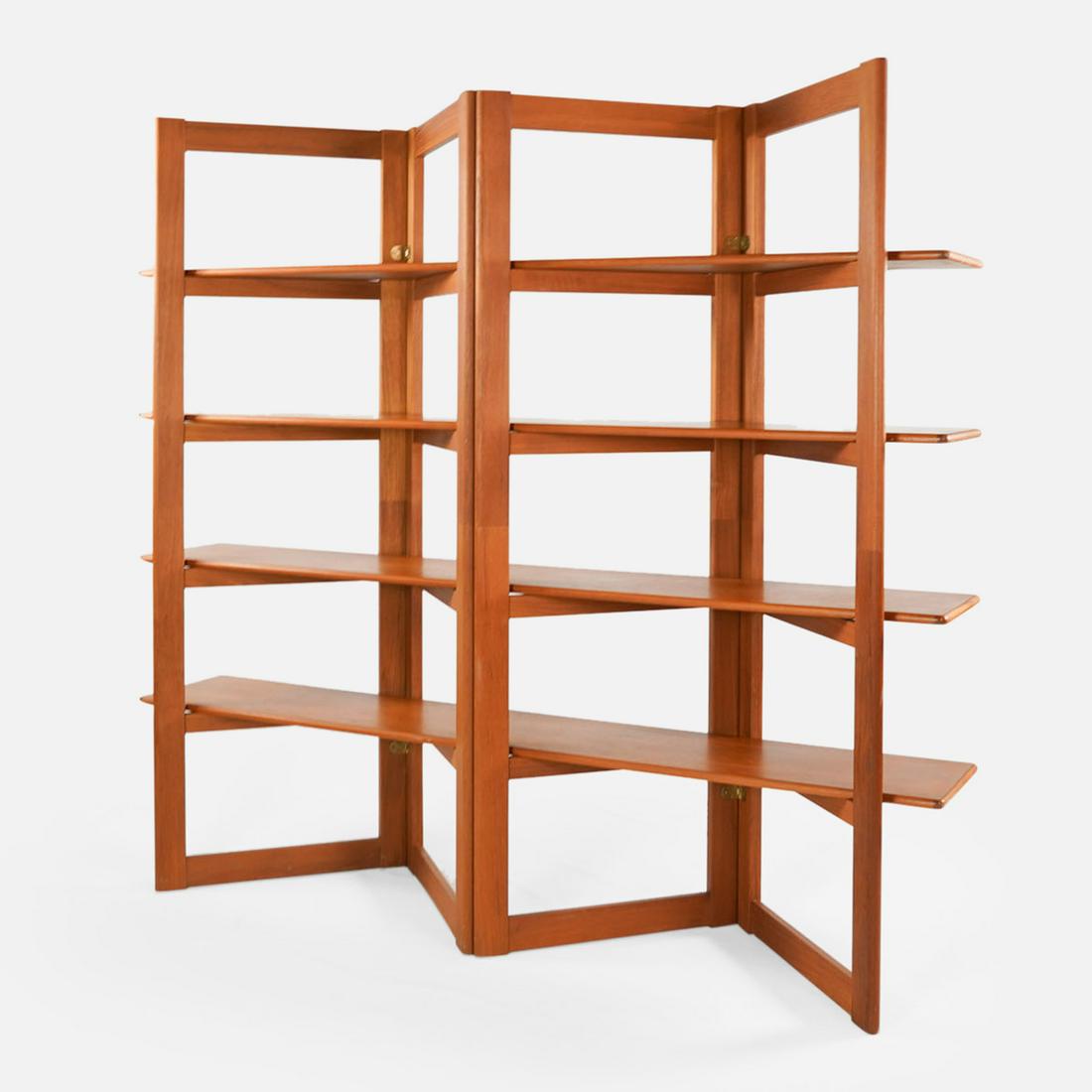 Teak Freestanding Room Divider Bookshelf Sun Furniture MCM: Ca. second half 20thC. Teak 4-shelf standing bi-fold Mid-Century Modern room divider, display shelf, bookshelf. Manufactured by Sun Furniture by K.D. Furniture. Removable 72" shelves inserted in brass