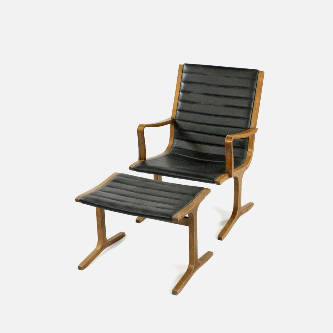 Heron Lounge Chair & Footrest for Tendo Mokko MCM: Ca. second half 20thC. Heron lounge chair and footrest designed by Mitsumasa Sugasawa for Tendo Mokko Japan. Bentwood oak frame with vinyl upholstery. Seat H: 14 1/2" W: 19 1/2" D: 18 1/2" Ottoman dim