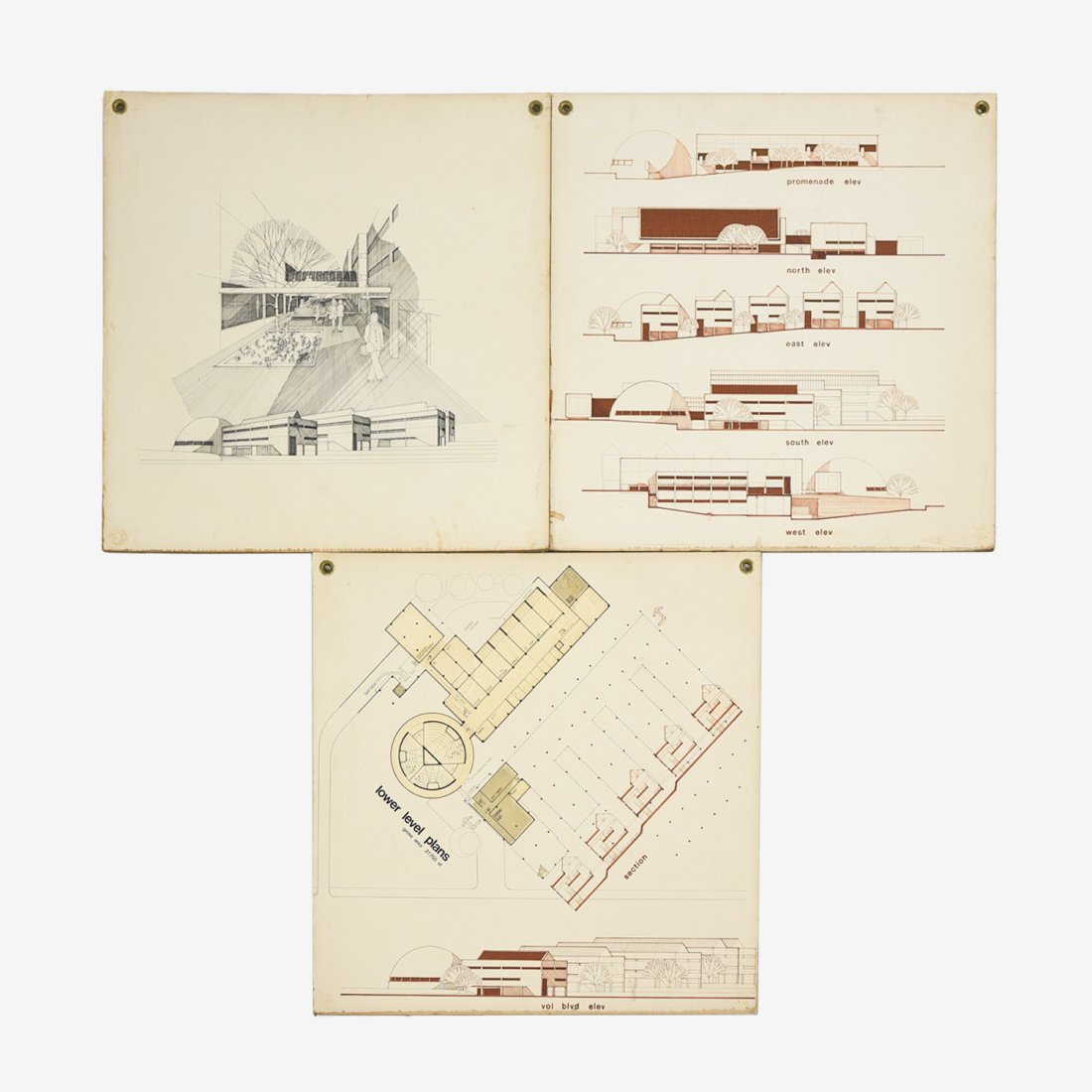 Three Mid-Century Modern Architectural Renderings on Masonite MCM: Mid-Century Modern architectural renderings on masonite by Schlott, Norman, and Cain an architectural firm in Tennessee.