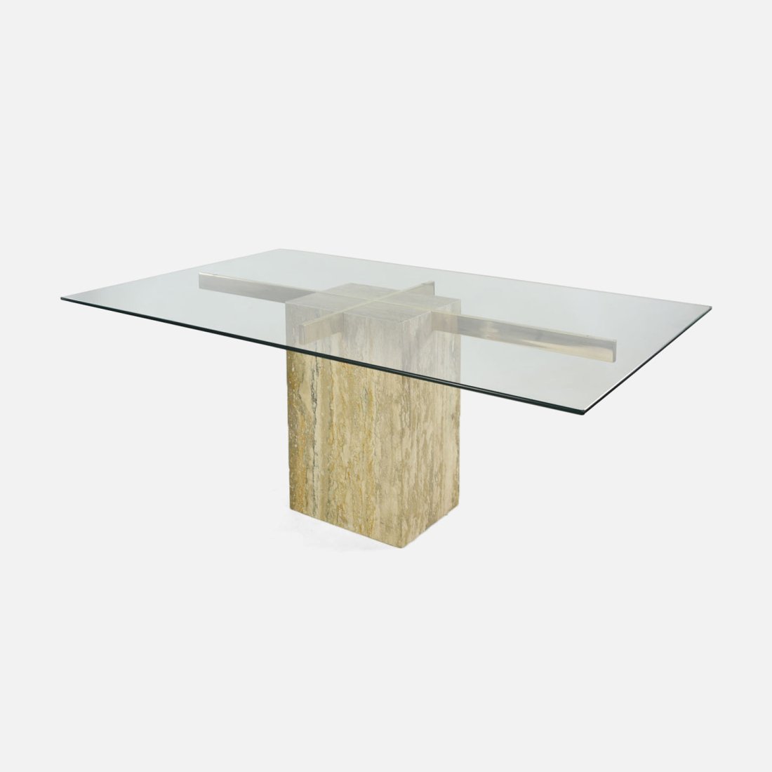 Ello Italian Travertine Marble and Brass Glass Top Pedestal Dining Table MCM: Ca. second half 20thC. Mid-Century Modern dining table with polished Italian travertine base, brass crossbars, and nice glass tabletop.