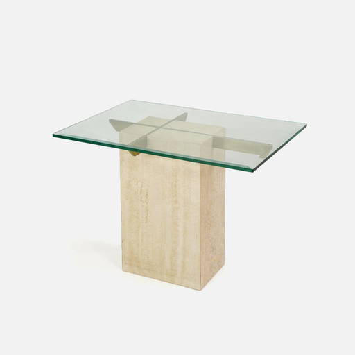 Small Travertine Marble And Brass Glass Top Pedestal Coffee Table Mcm