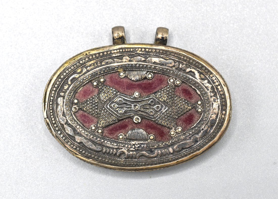 Antique Silver and Glass Kazakh Box Pendant: Late 19th to early 20thC. Very good with age appropriate wear to the surface, no cracks, chips or breaks. Approx. 2" x 1 5/8" x 1/4". Approx. weight 31 grams.