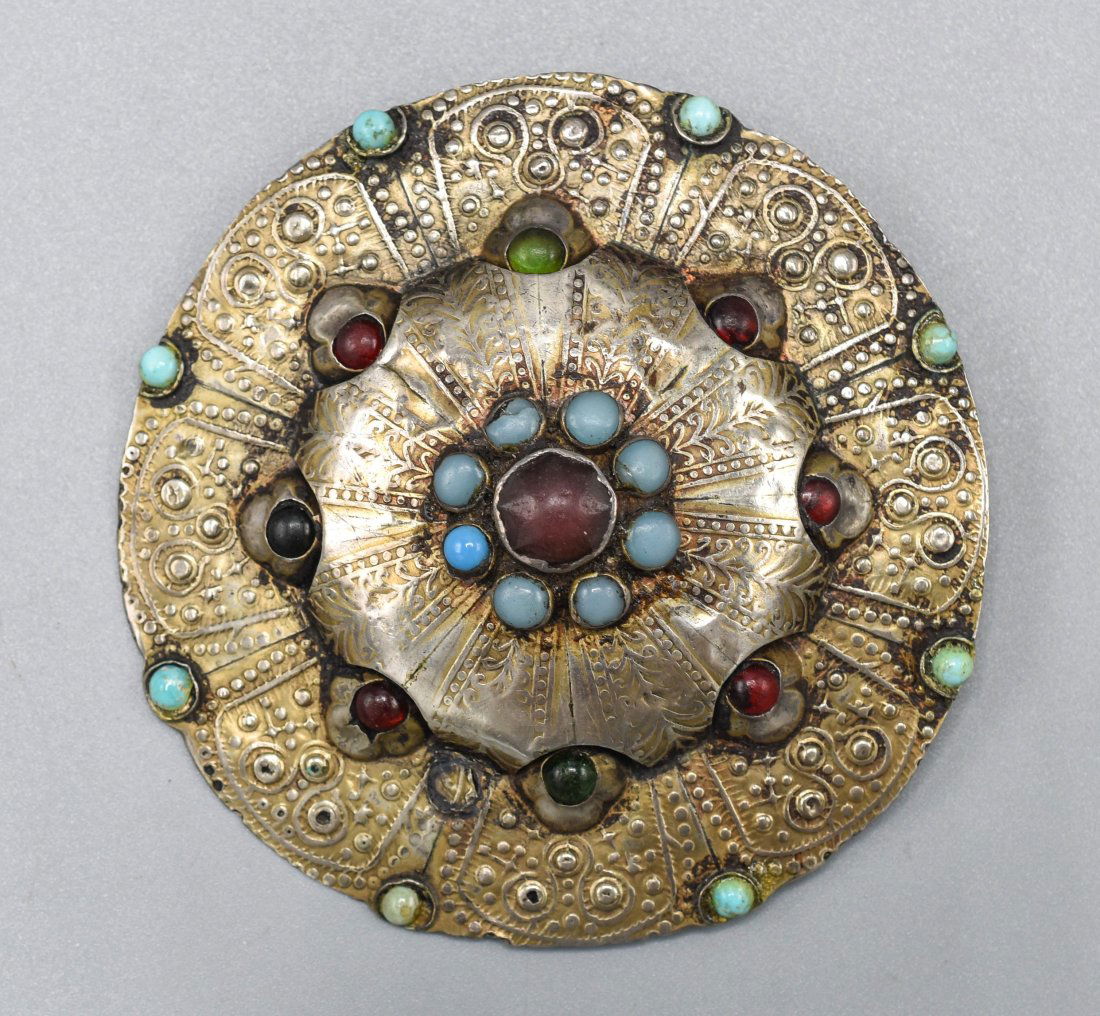 Antique Tibet Silver and Stones Round Brooch Pendant (1 of 6)