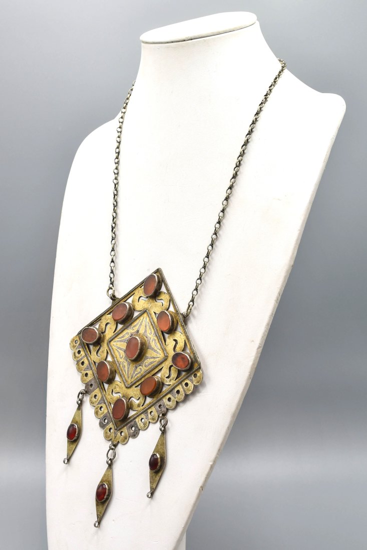 Old Turkmen Silver and Red Glass Pendant Necklace (1 of 6)