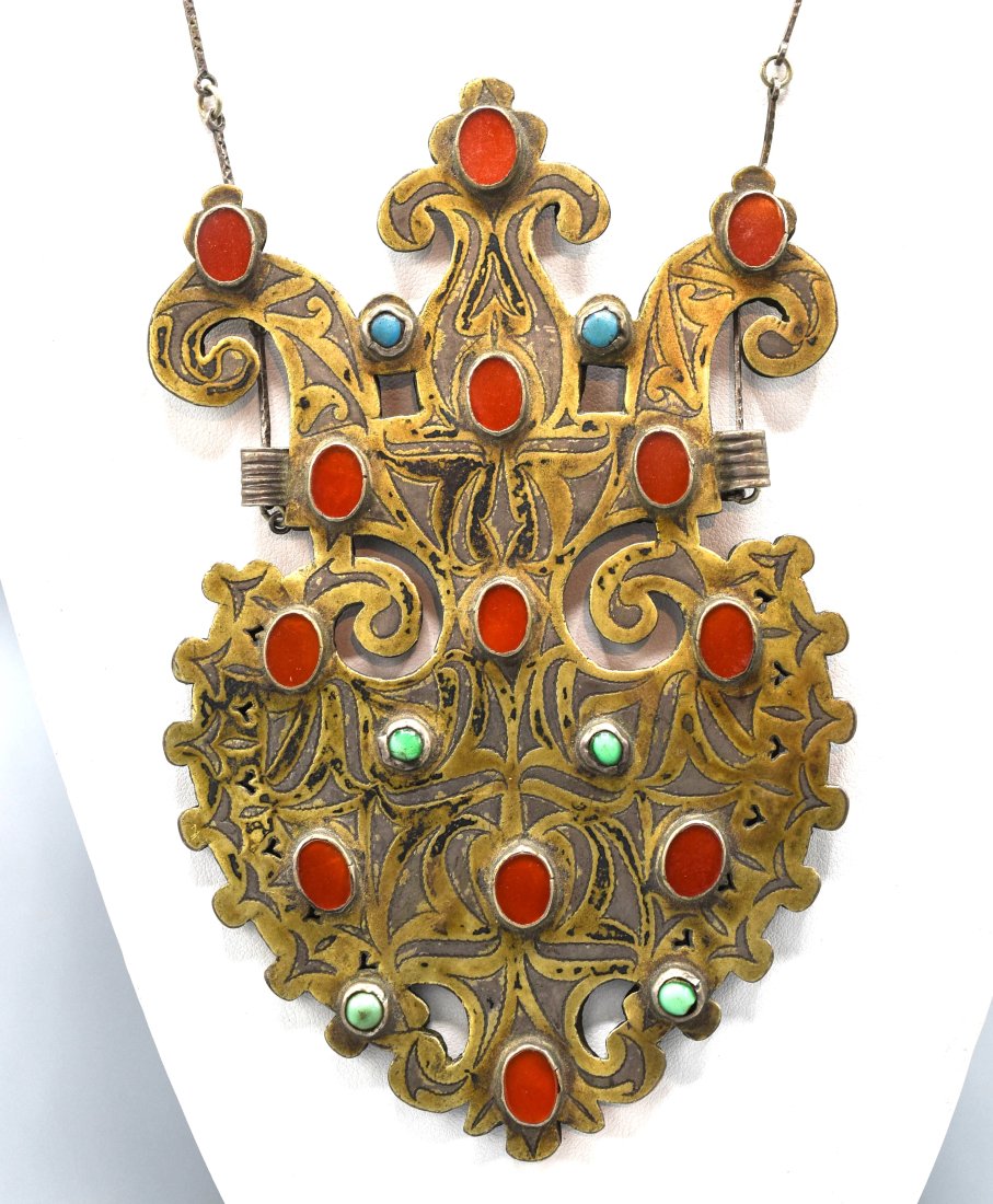 Antique Turkmen Silver and Red Glass Pendant Necklace (1 of 7)