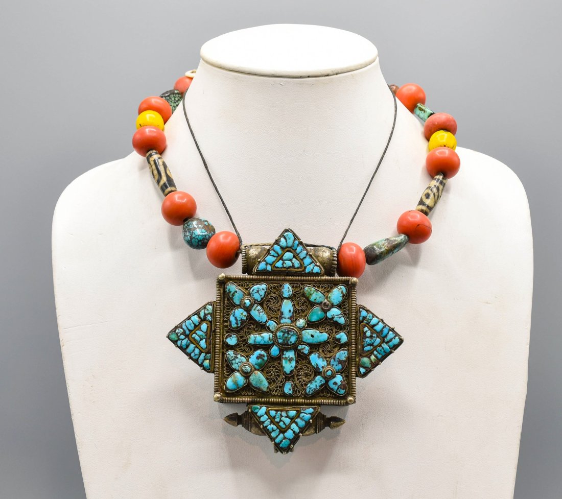 Antique Tibetan Silver Turquoise Gau Box on Coral Dzi Bead Necklace (1 of 9)