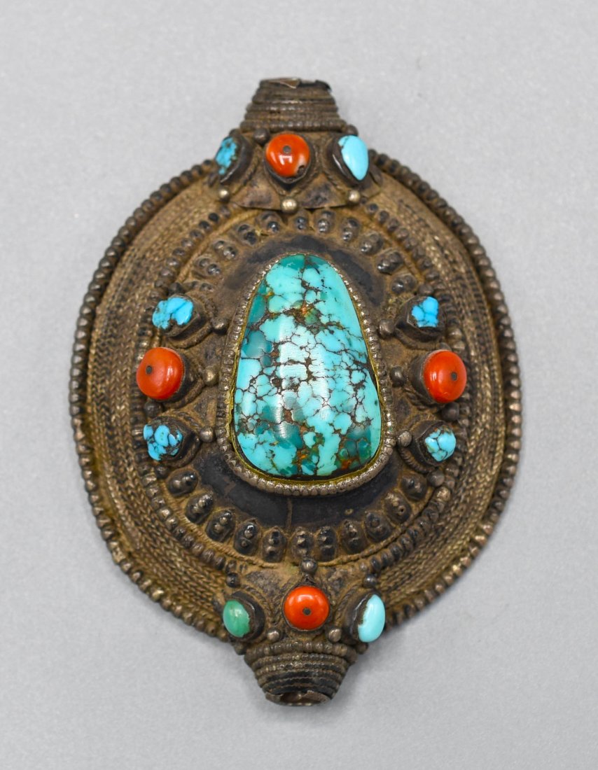 Antique Tibetan Silver Turquoise Coral Hair Brooch Tie (1 of 8)