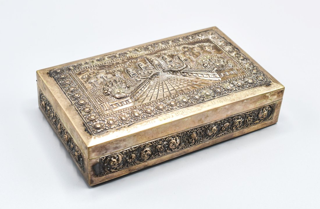 Cambodian Repousse Silver Presentation Box from Long Boret to Robert Nooter: Very good with no major dings or repairs. No seam splits. Approx. 7 1/8" x 4 5/16" x 1 9/16". Approx. weight 314 grams. Long Boret 3 January 1933 â€“ 17 April 1975 was a Cambodian politician who 
