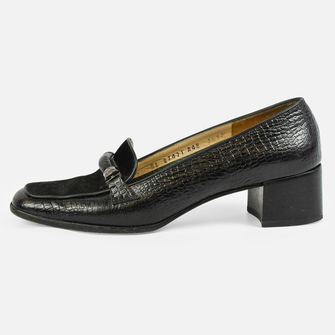 SALVATORE FERRAGAMO Black Suede and Croc Leather Madrid Loafers Size 7.5: Made in Italy. Includes original box. Size says 7.5 but fits more like 6.5