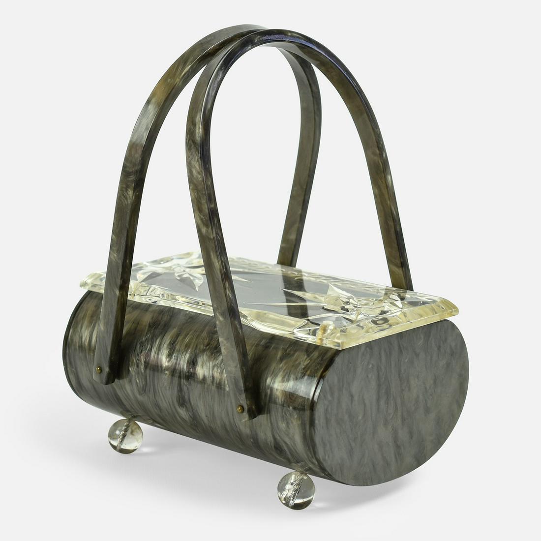 LUCITE BOX HANDBAG 1950's Mottled Grey Carved Lucite Box Bag: Features two long handles with a moddled grey rounded base. It opens like a box with gold hinges at the back.