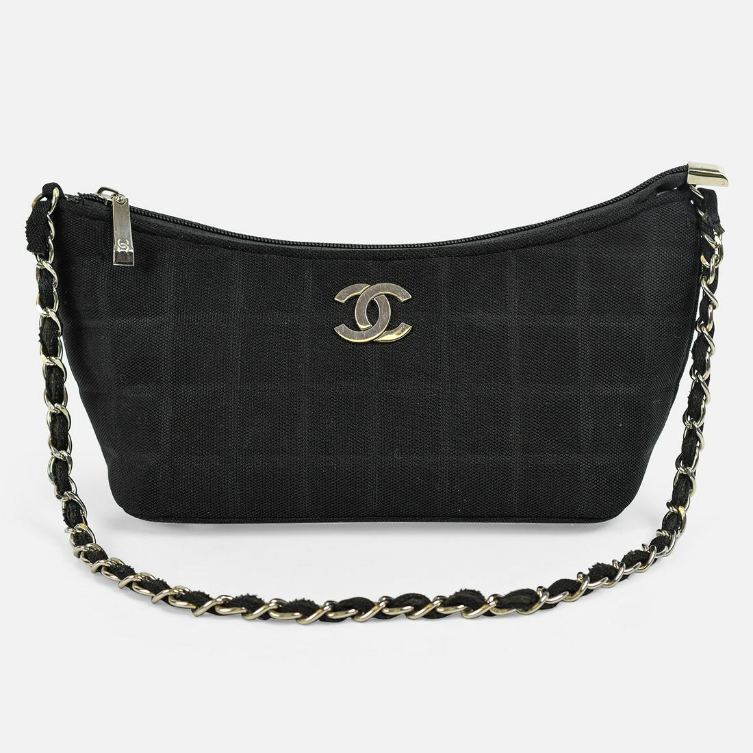 CHANEL Shoulder Bag with Leather CC Logo Interior: Zippers work. Shoulder strap 13" drop.