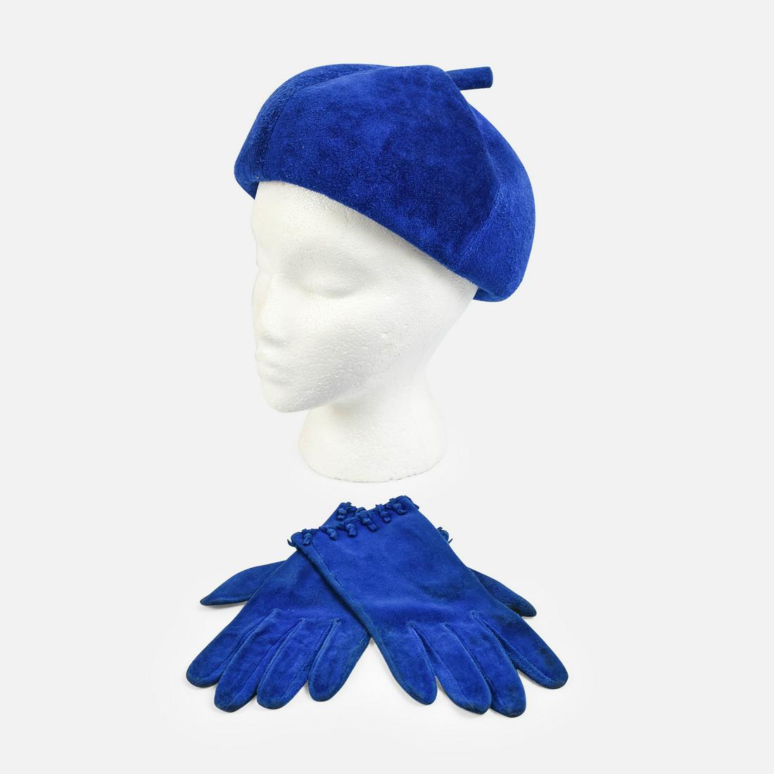 CHRISTIAN DIOR Vintage Blue Suede Women's Hat and Gloves (1 of 9)