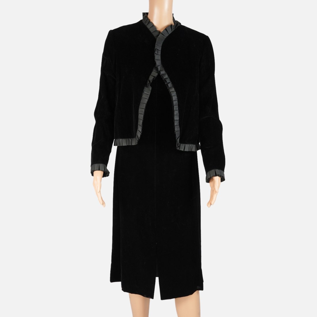 VELVET 2 PC Vintage Black Velvet Dress with Matching Jacket Ruffled Trim (1 of 6)