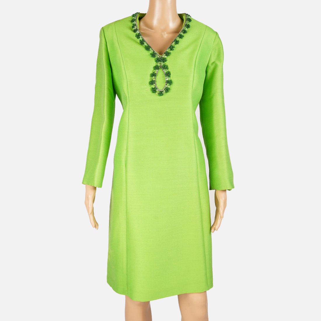 MARDI  GRAS  N.Y Vintage MOD 1960's Lime Green Beaded 3/4 Sleeve Dress (1 of 6)