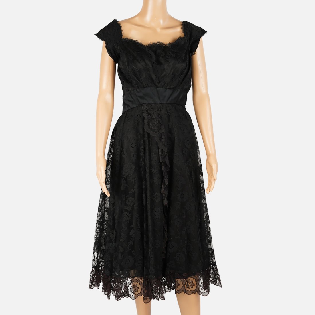 E. GRENELLE Vintage Black Lace Short Sleeve Evening Dress: Shoulders: 14.5"Width: 12.5"Length: 45.5" Silk and black lace.