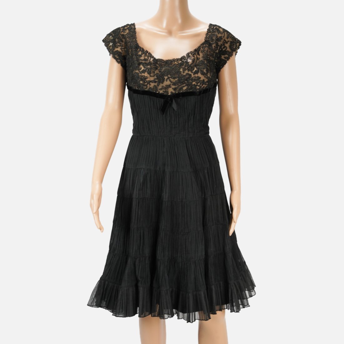 LACE RUFFLE DRESS  Antique Black Lace Short Sleeve Midi Evening Dress (1 of 5)