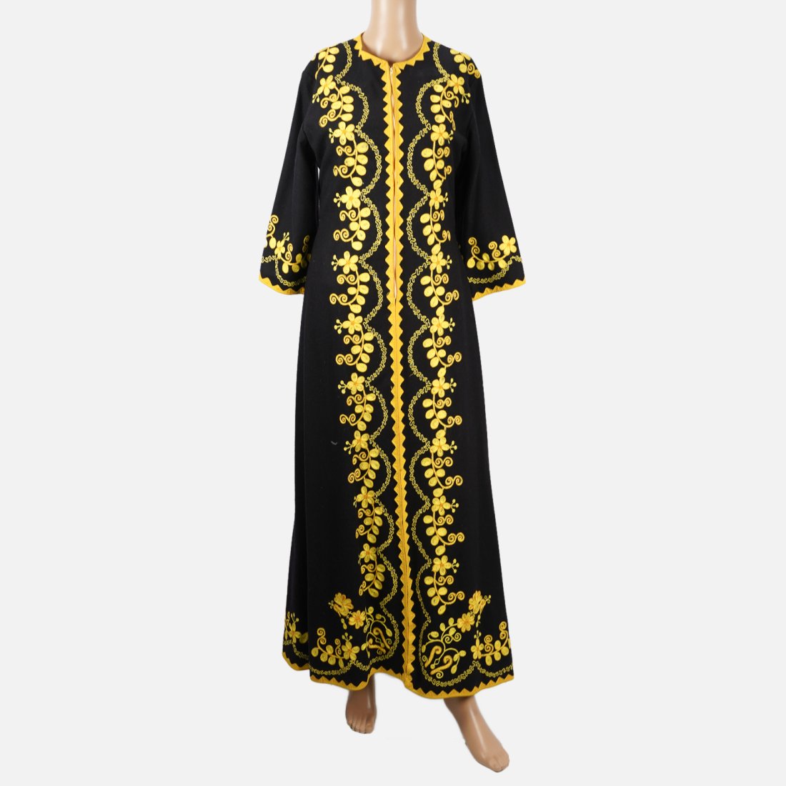 MOROCCAN  DRESS Vintage Embroidered  Wool Black & Yellow Tradition Long Dress Boho Hippie (1 of 5)