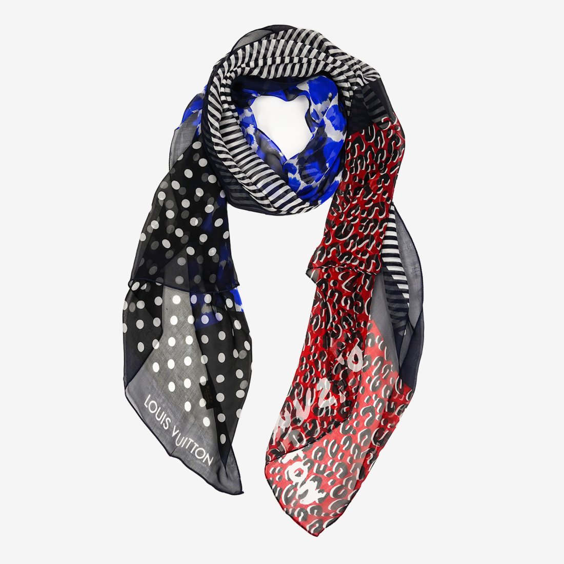 LV LOUIS VUITTON Red, Blue, White, And Black Sheer Scarf (1 of 6)