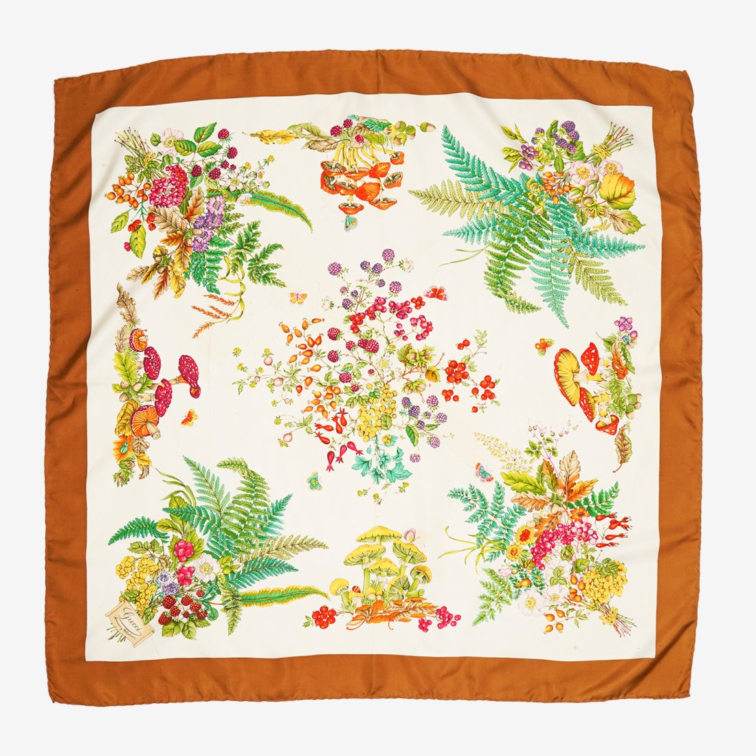 GUCCI Vintage  Accesorie Collection  Brown Mushroom Flower Silk Scarf (1 of 6)