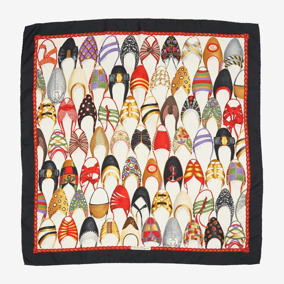 SALVATORE FERRAGAMO Vintage Silk Shoe Scarf: 100% Silk, Made in Italy.