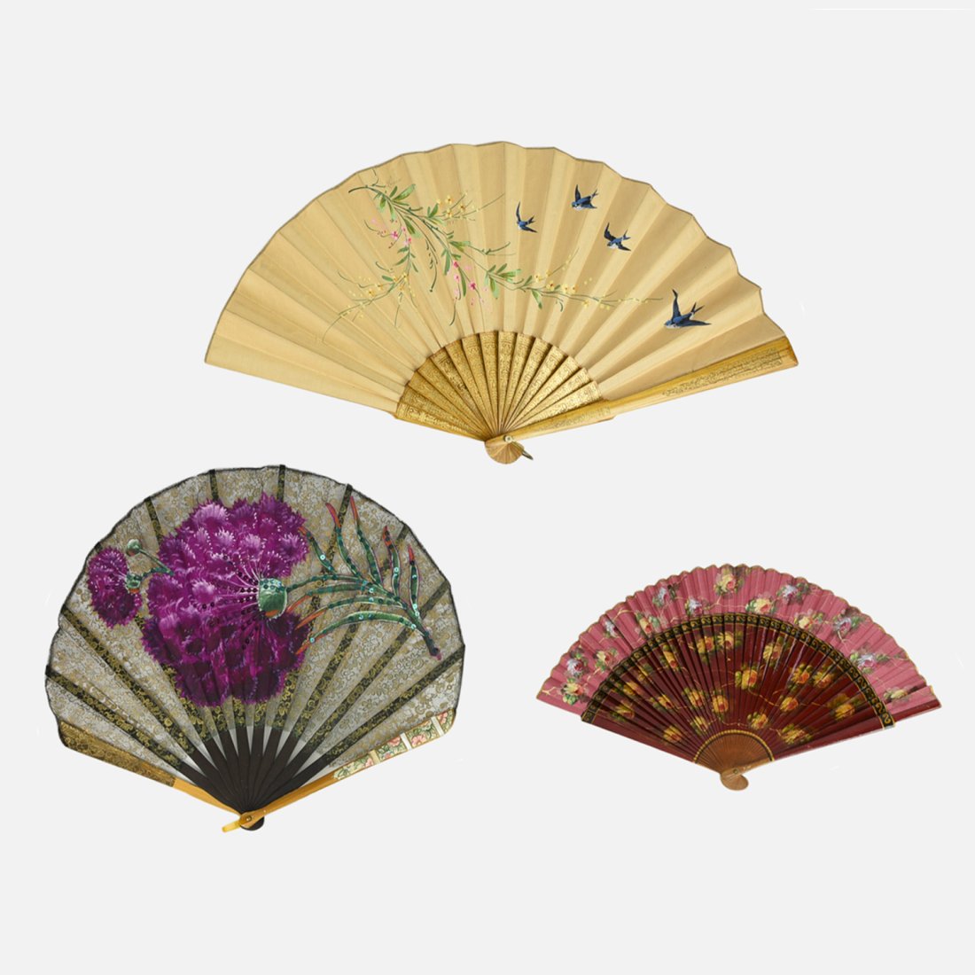 ANTIQUE & VINTAGE HAND FANS Hand Painted, Laced, Lacquered Hand Fans: Paper Hand fan dated 1887 and signed Lucia. Measurements of largest item: Width:22" Height:12"