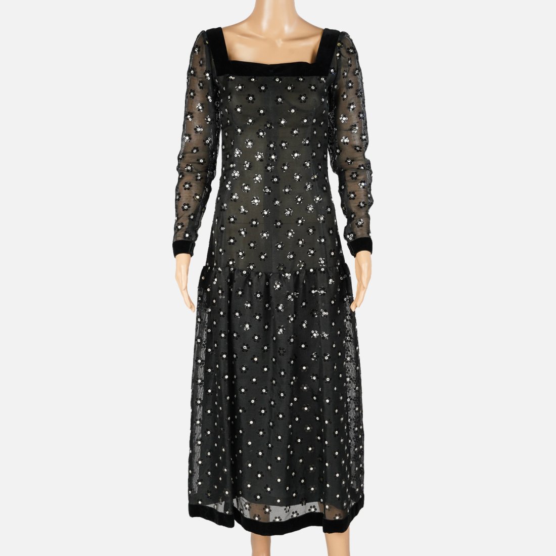 GIVENCHY Lace Beaded Flower Sheer Evening Dress: Shoulders: 17" width: 14" length: 50.5"