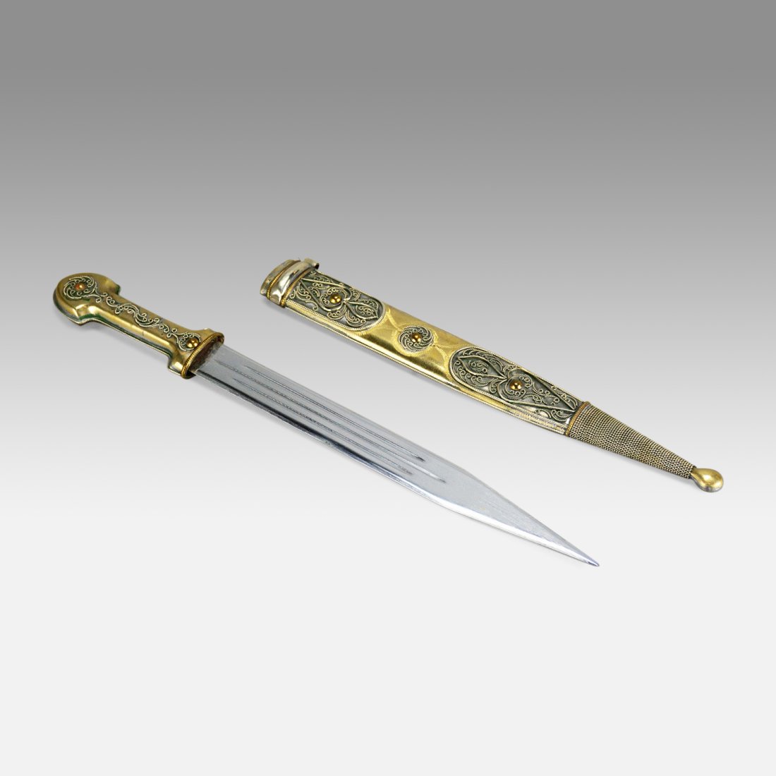 Caucasian Brass and Silver Dagger Kindjal With Scabbard (1 of 8)