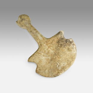 Early Bronze Age Anatolian Marble "Violin" Fertility Sculpture "Kusura-Beycesultan Type": Ca. Early Bronze Age 2700-2300 BCE. Possibly the oldest piece offered in this auction. Approx. 5" x 3 1/4". Anatolian marble idol, "Kusura-Beycesultan type". Purchased from la Riene Margot, Paris,