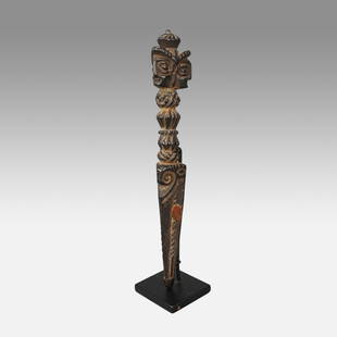 Antique 18thC Tibetan Carved Wood Ceremonial Phurba Dagger: Ca. 18th to early 19thC. Approx. H: 9" not counting the stand. Very good original condition with no breaks or repairs. Retains excellent original patina throughout. Ex-Nooter coll.