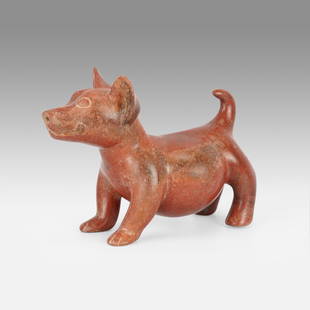 Antique Pre-Columbian Colima Mexico Pottery Standing Dog: Ca. 200 BC to 200 AD. Approx H: 7 1/4" W: 9" D: 4 1/2". Very good, with no chips, cracks, and a professional repair on back leg. The repair does not appear under blacklight and is near impossible to s