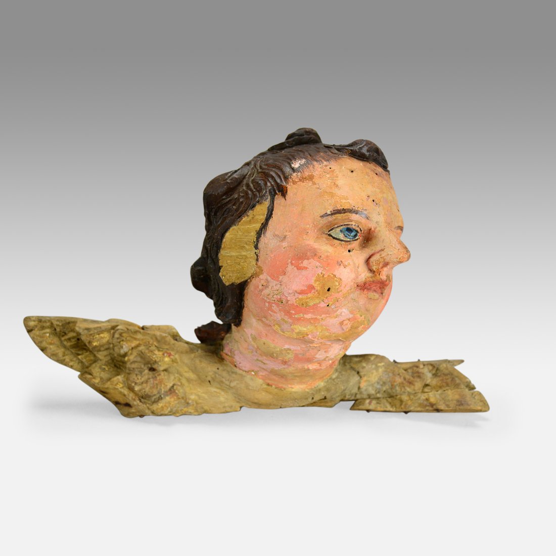 Antique Lithuanian 18thC Carved and Painted Wood Putti Angel Head (1 of 6)